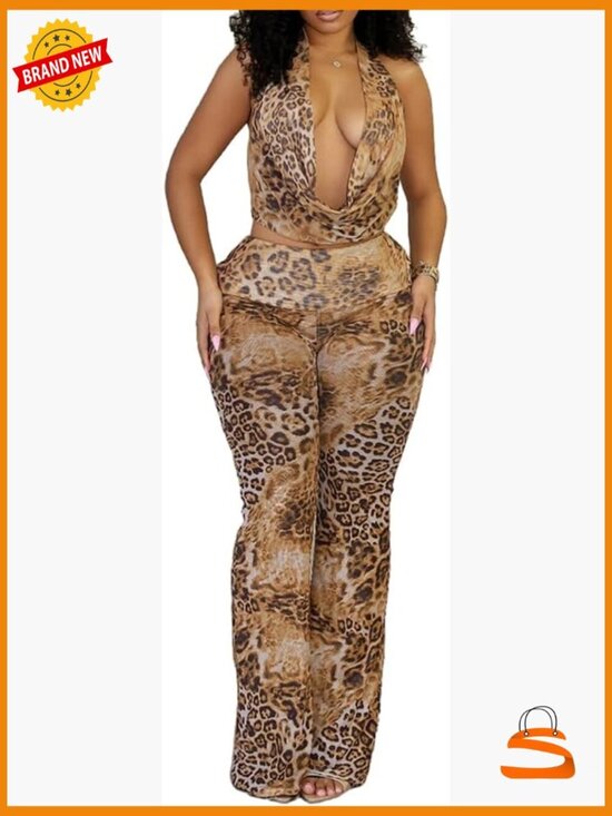 Pants - Sexy Mesh 2 Piece Pants Set - Halter Top & Flare Pants